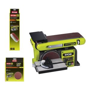 Ryobi Pack Ponceuse à bande et à disque stationnaire 370W RBDS46016 - 5 bandes abrasives BSS100A5 - 10 disques diamant SD150A10