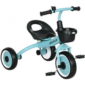 Tricycle enfant multi-&eacute;quip&eacute; garde-boue sonnette panier p&eacute;dales antid&eacute;rapantes si&egrave;ge r&eacute;glable avec dossier m&eacute;tal bleu ciel