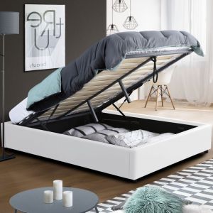 Image de Idmarket ID MARKET - Lit coffre MIAMI PVC blanc avec sommier 140 x 190 cm