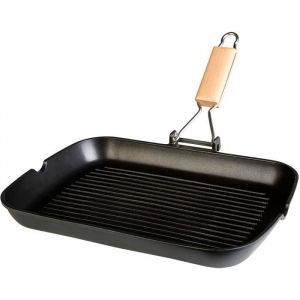 WECOOK! Ecostone Po&ecirc;le &agrave; Griller Induction Ondul&eacute;, 34 x 24 cm, Antiadh&eacute;sive ILAG &Eacute;cologique sans PFOA, Fonte d'Aluminium, &Eacute;paisseur 5 mm, Poign&eacute;e en Bois Pliable, Vitroc&eacute;ramique, Gaz