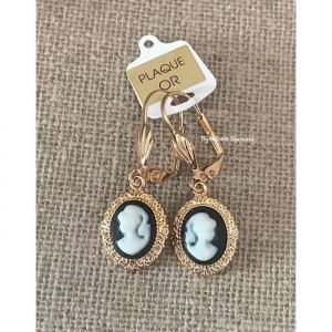 Boucles D'oreilles - Bijoux - Portrait Cam&eacute;e - R&eacute;sine Noire - Plaqu&eacute; Or 18 Carats - Dormeuses