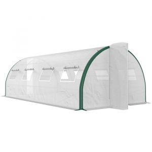 Image de Outsunny Serre Tunnel de Jardin 18m&sup2;, Serre de Jardin Tunnel 600x300x200cm avec Portes et 8 fen&ecirc;tres avec moustiquaires, pour ext&eacute;rieur, Toutes Saisons, l&eacute;gumes, b&acirc;che PE Haute densit&eacute; 140 g/m&sup2; Blanc