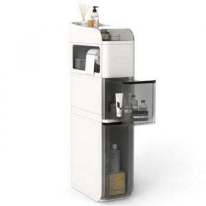 COSTWAY Meuble de Salle de Bain &Eacute;troit avec 2 Tiroirs, Roues, Porte-Papier, &Eacute;tag&egrave;re Sup&eacute;rieure pour Salle de Bain, Cuisine, Blanc