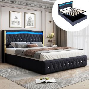 Modernluxe - Lit coffre capitonné 140x200 cm avec éclairage led - tissu en velours - Noir