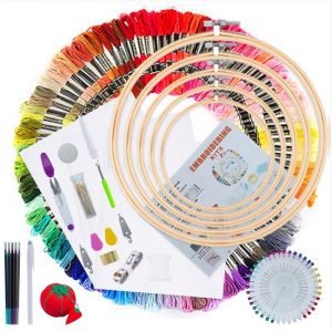 Happy Goods kits de broderie adultes - Cercles de broderie avec aiguilles à broder et fil à broder - Set de luxe 100 couleurs - Broderie Hobby et créative - Kit de broderie