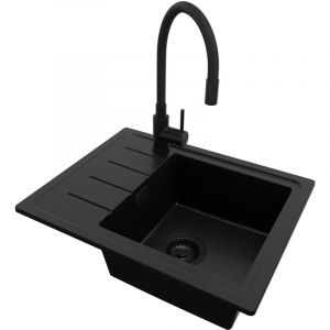 Primagran - Evier Sous Plan Tout Noir 55x44cm, Evier en Granit 1 bac + Kit de Vidage + Robinet, Évier au meuble 45cm - Copenhague Easy de