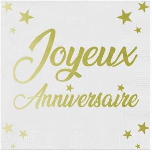 Serviette de table Joyeux Anniversaire blanc et dorée or métallisée (x24) REF/STAM00OR