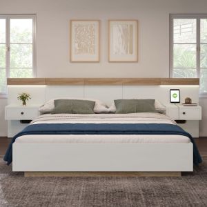 Image de Lit adulte 160x200 cm, Lit double avec chevets suspendus, led et ports usb, cadre en bois, sommier &agrave; lattes, ch&ecirc;ne + blanc