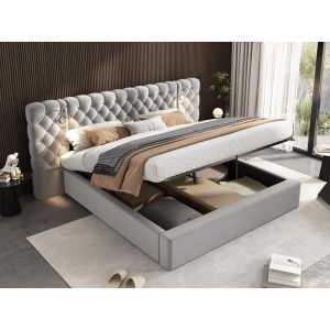 Lit coffre rembourré 160x200 cm en velours - avec lampe de lecture et sommier à lattes - Gris