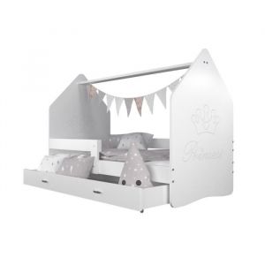 Lit Cabane DAISY FREZ 80x160 Blanc - Princesse - Bois - A lattes - Avec tiroirs