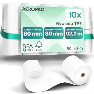 ACROPAQ 10 Rouleaux de Caisse 80x80x12mm- Thermique 92,2 m-Terminaux de paiement- 10 Bobines TPE- Sans BPA- Dimension Universelle