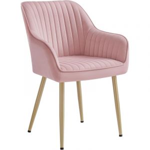 Songmics Chaise salle à manger en velours rembourrée avec accoudoirs rose