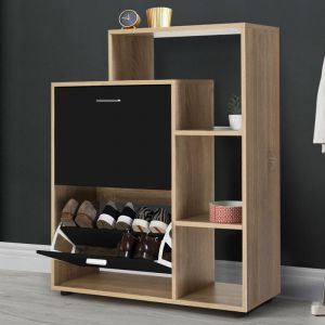 Idmarket ID MARKET - Meuble &agrave; chaussures imitation h&ecirc;tre 2 portes noires avec &eacute;tag&egrave;res