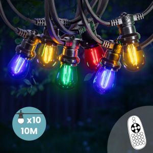 SkyLantern Guirlande Guinguette 10M 10 Bulbes Filament Rouge Bleu Jaune Vert avec Variateur de Luminosité et Télécommande - Guirlande Lumineuse Ampoule E27 à