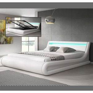 Design Ameublement - Lit Coffre pour Matelas Lit Adulte Couleur Blanc avec led Matériaux bois et simili cuir Coffre de rangement Modèle Parisina