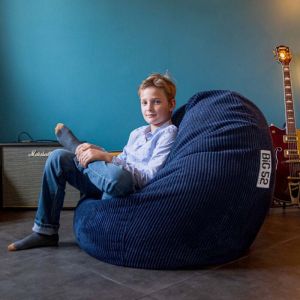 Livedeco - Pouf Poire Déhoussable avec Billes, Velours Côtelé Bleu Marine, Intérieur pour Salon, Chambre - BiG52