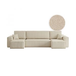 Canapé d'angle panoramique convertible 6 places tissu bouclette beige