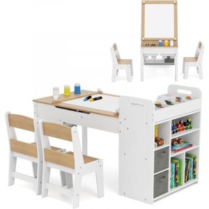 Giantex Bureau Enfants avec 2 Chaises & Plateau Rabattable, Étagères Ouvertes (Naturel)
