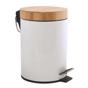 MSV Poubelle &agrave; p&eacute;dale M&eacute;tal & Bambou AZA 3L Blanc