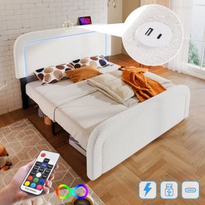 Modfu - Lit double led 160x200cm, tissu Sherpa, usb, sans matelas, Type-C, lit adulte, blanc