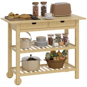 Homcom Desserte de cuisine - à roulettes - 2 tiroirs, 2 étagères et plan de travail - bambou - 100x43x75cm - bois naturel