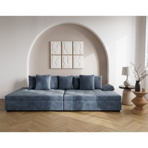 Lisa Design - Vermont - canapé droit 4 places avec double méridienne - assise profonde - en velours texturé - bleu