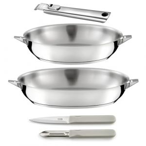 Cuisinox - Eclipse - Set cuisson et coutellerie - Poêles 24/28 cm inox, éplucheur et couteau office - Poignée amovible inox - Compatible tous feux dont induction, Gris