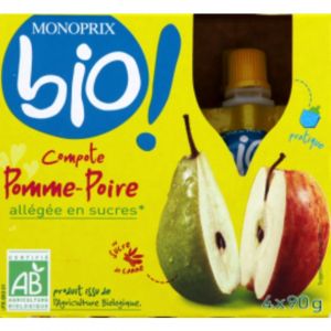 Monoprix Bio Compotes pomme et poire, all&eacute;g&eacute;es en sucres, certifi&eacute; AB - Les 4 gourdes de 90g