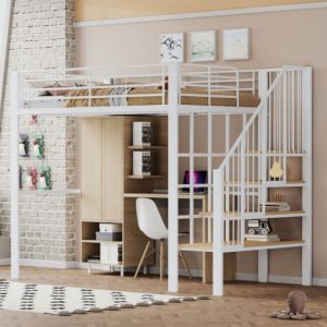 Image de Lit mezzanine 140x200 lit enfant avec espace de rangement spacieux sous le lit et les escaliers, structure en métal, blanc, sans matelas