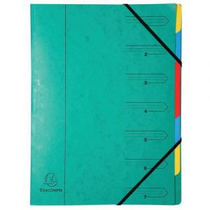Exacompta Réf. 54073E - Carton de 12 trieurs dos agrafé - avec élastiques - couverture imprimée en carte lustrée et intérieur en carte recyclée - 7 compartiments - dim 24,5 x 32 cm - pour A4 - vert