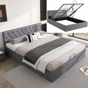 Lit Coffre Double 140x200 cm - Lit adulte - Style Scandinave - Gris - A lattes - 2 places