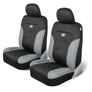 Caterpillar Erpillar Flexfit Lot de 2 housses de si&egrave;ge auto pour voiture, camion et SUV &ndash; Housses de si&egrave;ge noires pour si&egrave;ges avant, protection de si&egrave;ge avec bordure en nid d'abeille gris, housses int&eacute;rieures