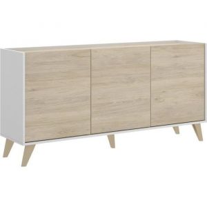 Image de Buffet bas NESS Mélamine Décor bois clair et blanc 3 Portes L 155 x P 43 x H 75 cm