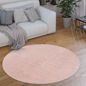 Paco Home - Tapis Rond Salon Tapis Poil Ras Moderne Moelleux Lavable Monochrome Rose, 80 cm rond