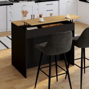 Idmarket Ilot Central Cesar 110 Cm Avec Tablette Relevable Rectangulaire Bois Noir Et Façon Hêtre