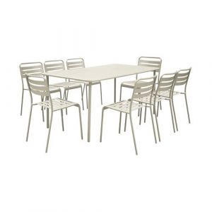 Sweeek Table de jardin en métal beige + 8 chaises traitement antirouille lattes et bords arrondis