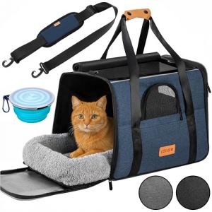 Image de CADOCA Sac de transport pour chat chien max. 20kg Bleu pliable avec bandoulière caisse de transport chat respirant avec gamelle