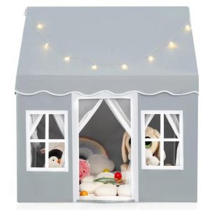 Costway Tente De Jeux Avec Guirlandes Lumineuses Étoiles, Tapis Antidérapant, Rideaux En Filet & Poches Latérales, 3-10 Ans Gris