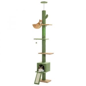 PAWZ Road Arbre à Chat Cactus au Plafond avec Hamac & Condo & Ceinture Anti-Chute,Ajustable 216-273 cm, Vert