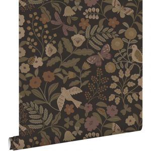 Papier peint fleurs et oiseaux brun fonc&eacute;, vert olive gris&eacute; et lilas violet Estahome