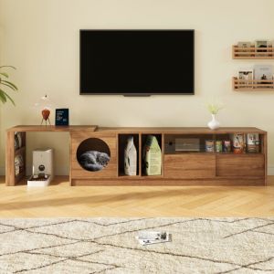 Meuble TV, meuble tele rotatif avec rangement, 2 portes en verre tremp&eacute;, 1 lit pour chat, 180/260&times;40&times;50 cm, MDF, marron