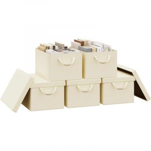 Lot de 5 Bo&icirc;te de Rangement Woltu 38x27x20 cm, avec Couvercle, Coffre de Rangement en Tissu non Tiss&eacute;, Pliable, Cr&egrave;me