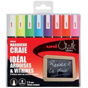 Image de Uni - 8 Marqueurs Craie Uni PWE5M/8 - Couleurs assorties pointe conique 2,5mm