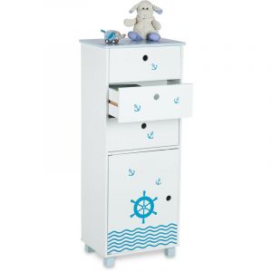 Relaxdays Commode pour Enfants, Design Maritime, 3 tiroirs et 1 Placard, étagère Chambre, HLP 105x42x30 cm, Blanc-Bleu