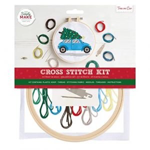 Image de Simply MAKE Kit de broderie au point de croix – Motif arbre sur voiture pour enfants et adultes, avec cerceau, fil à broder, tissu et aiguille – Parfait pour les travaux manuels pour adultes et les