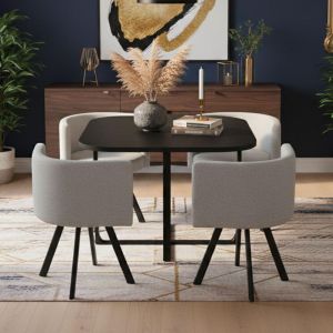 Menzzo Table carrée avec 4 chaises gain de place Oslo Noir et Tissu Gris