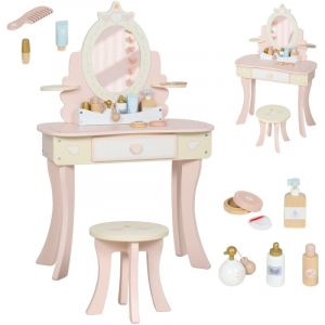 Coiffeuse enfant fille - table de maquillage - AIYAPLAY - 2 en 1 avec 7 accessoires de jeu, miroir en acrylique, tabouret - rose