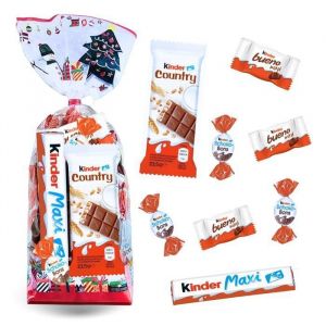 Sachet Rouge de Noël garni de 40 chocolats Kinder Schokobons, Mini Bueno, Country & Maxi | Idéal pour offrir aux invités