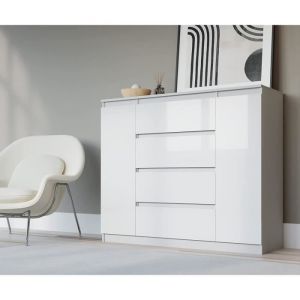 Commode, Blanc / Blanc Brillant, 120 X 39 X 101 Cm, Avec 2 Portes Et 4 Tiroirs
