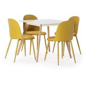 Ensemble table 80x80 cm et 4 chaises de salle à manger Kana Moutarde